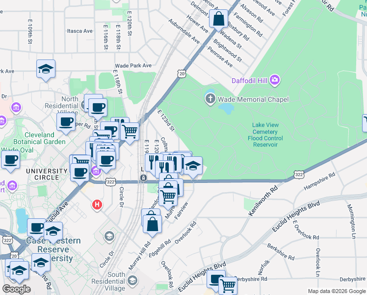 map of restaurants, bars, coffee shops, grocery stores, and more near 1919 East 123rd Street in Cleveland