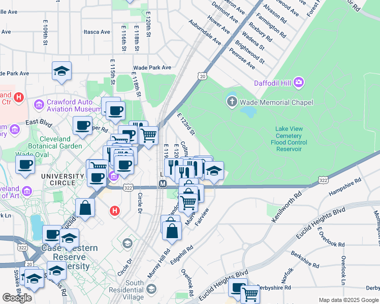map of restaurants, bars, coffee shops, grocery stores, and more near 1913 Coltman Road in Cleveland