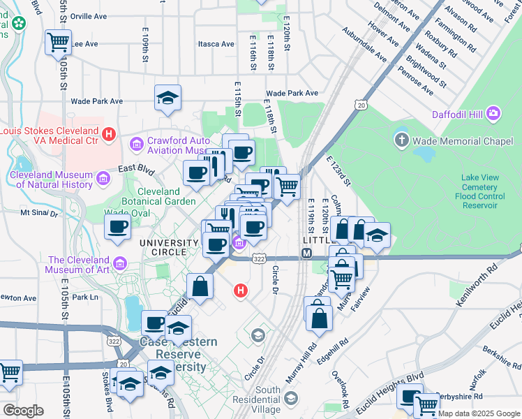 map of restaurants, bars, coffee shops, grocery stores, and more near in Cleveland