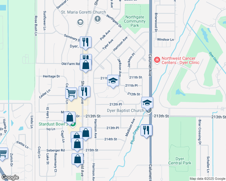 map of restaurants, bars, coffee shops, grocery stores, and more near 1121 Harrison Avenue in Dyer
