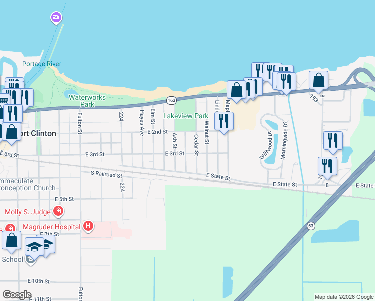 map of restaurants, bars, coffee shops, grocery stores, and more near 1201 East 3rd Street in Port Clinton
