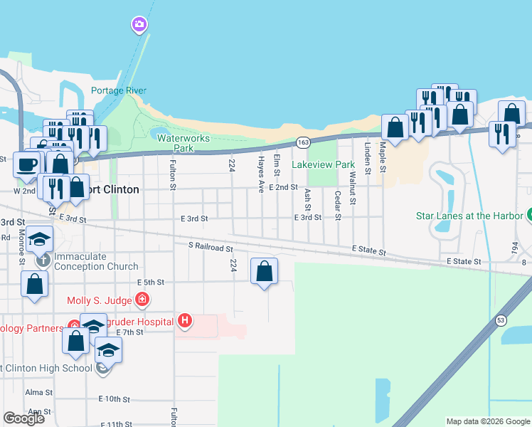 map of restaurants, bars, coffee shops, grocery stores, and more near 228 Elm Street in Port Clinton