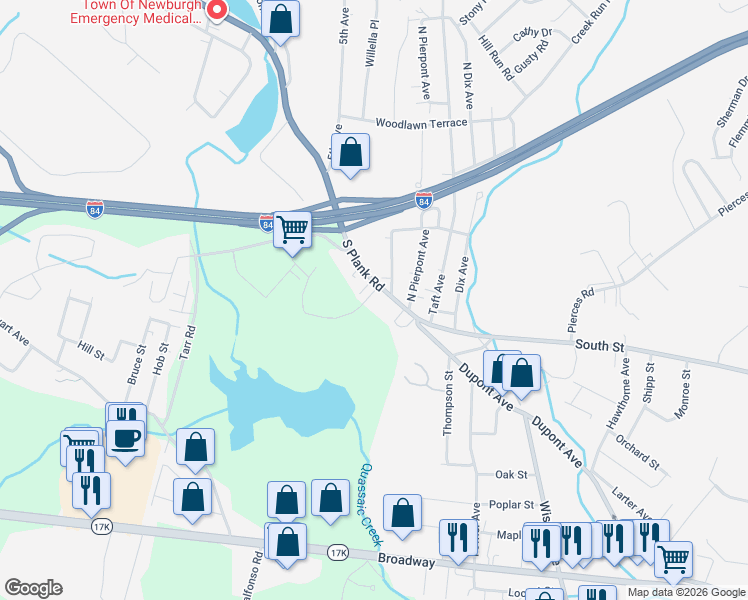 map of restaurants, bars, coffee shops, grocery stores, and more near 13 South Plank Road in Newburgh