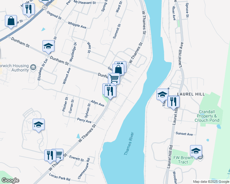 map of restaurants, bars, coffee shops, grocery stores, and more near 244 West Thames Street in Norwich