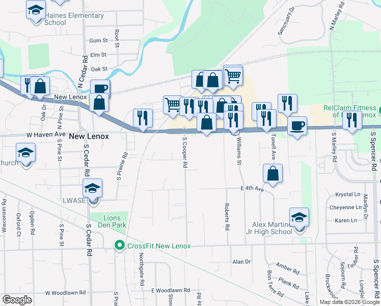map of restaurants, bars, coffee shops, grocery stores, and more near 130 S Cooper Rd in New Lenox