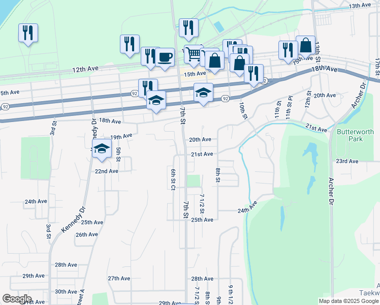 map of restaurants, bars, coffee shops, grocery stores, and more near 705 21st Avenue in East Moline