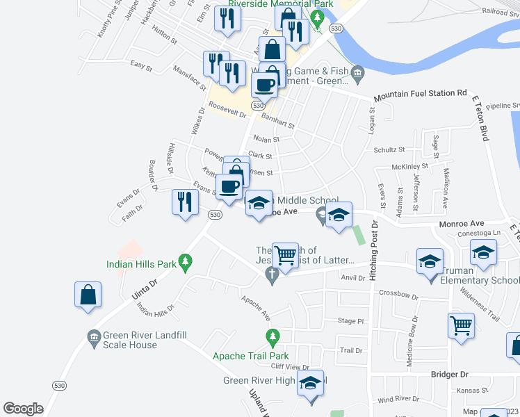 map of restaurants, bars, coffee shops, grocery stores, and more near 145 Monroe Avenue in Green River
