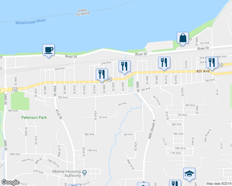 map of restaurants, bars, coffee shops, grocery stores, and more near 4507 5th Avenue in Moline