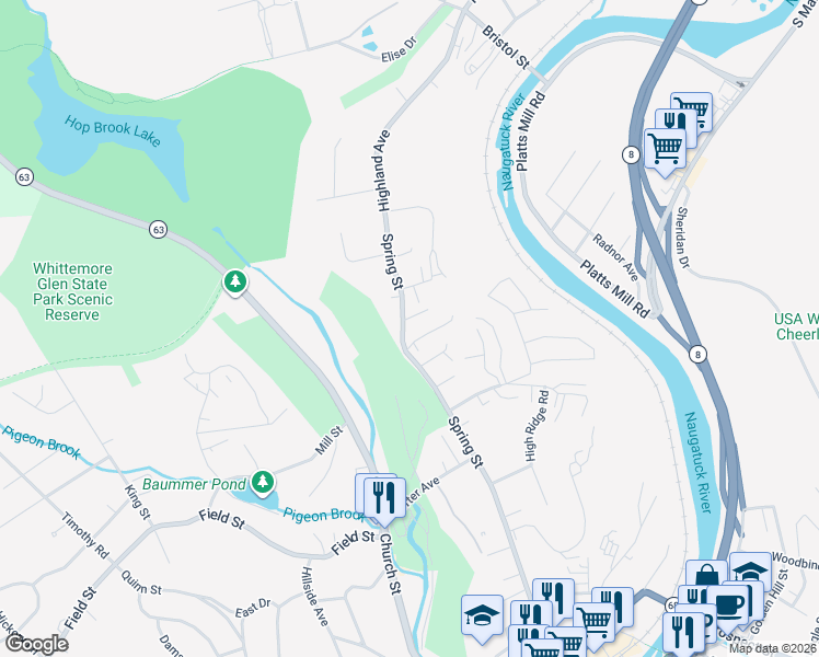 map of restaurants, bars, coffee shops, grocery stores, and more near 464 Spring Street in Naugatuck