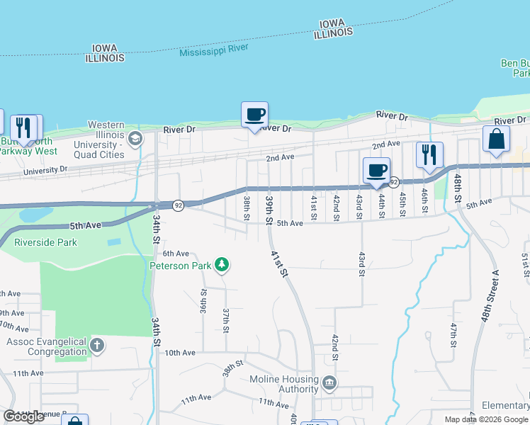 map of restaurants, bars, coffee shops, grocery stores, and more near 437 39th Street in Moline