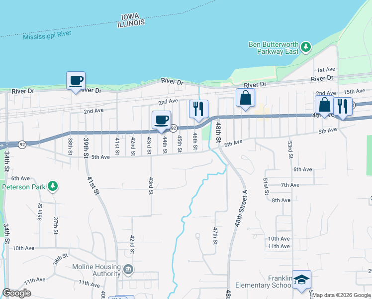 map of restaurants, bars, coffee shops, grocery stores, and more near 4511 5th Avenue in Moline
