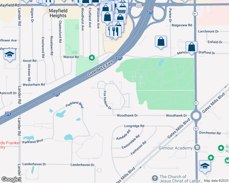 map of restaurants, bars, coffee shops, grocery stores, and more near 240 Fox Hollow Drive in Mayfield Heights