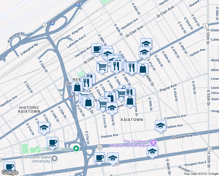 map of restaurants, bars, coffee shops, grocery stores, and more near 1548 East 34th Street in Cleveland