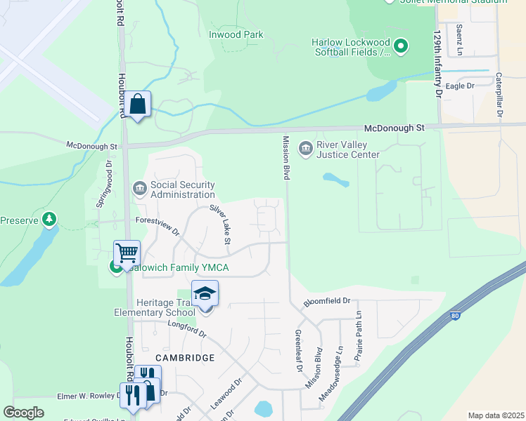 map of restaurants, bars, coffee shops, grocery stores, and more near 594 Berry Ridge Drive in Joliet
