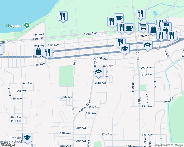 map of restaurants, bars, coffee shops, grocery stores, and more near 2005 Kennedy Drive in East Moline