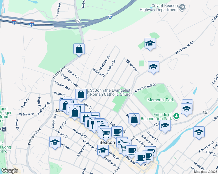 map of restaurants, bars, coffee shops, grocery stores, and more near 70 North Elm Street in Beacon