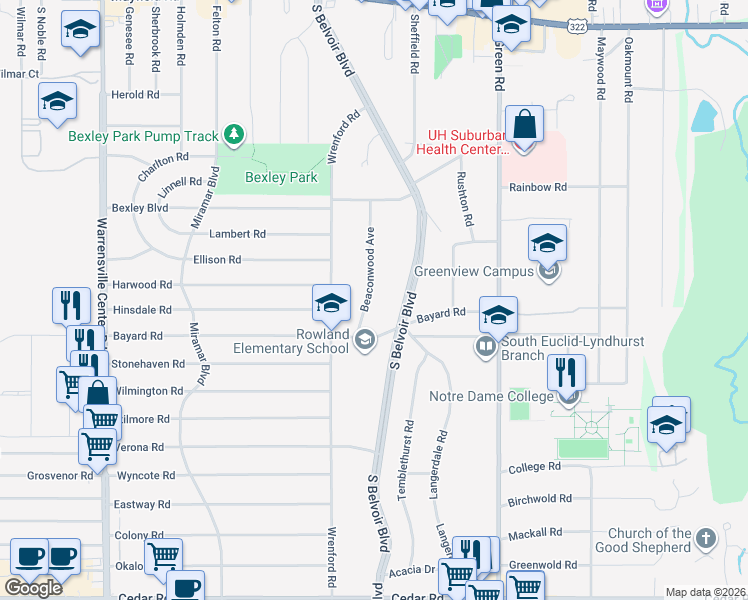 map of restaurants, bars, coffee shops, grocery stores, and more near 1791 Beaconwood Avenue in South Euclid