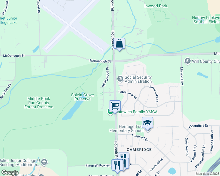 map of restaurants, bars, coffee shops, grocery stores, and more near 3617 Forestview Drive in Joliet