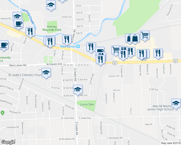 map of restaurants, bars, coffee shops, grocery stores, and more near 205 South Prairie Road in New Lenox