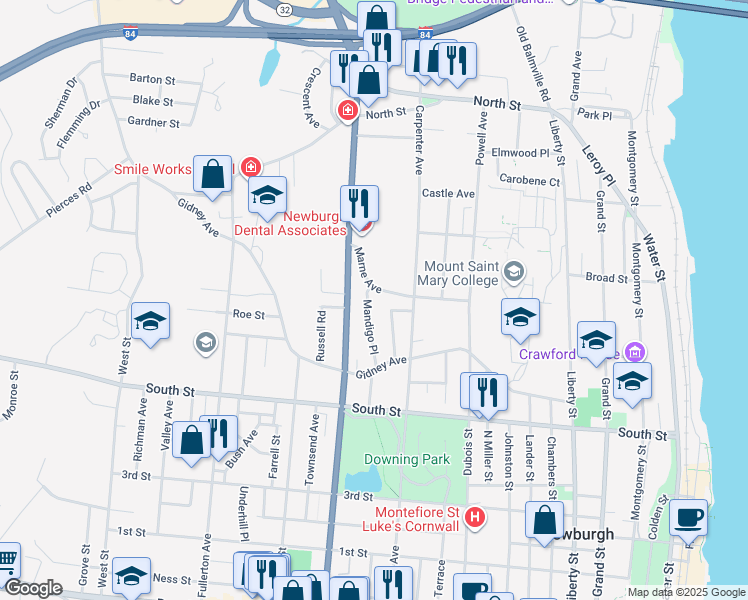 map of restaurants, bars, coffee shops, grocery stores, and more near 30 Mandigo Place in Newburgh