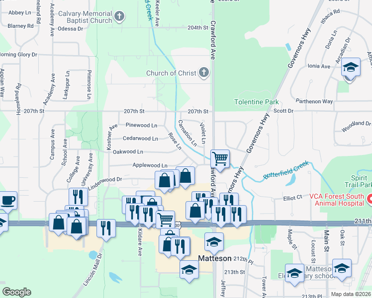 map of restaurants, bars, coffee shops, grocery stores, and more near 819 Rose Ln in Matteson