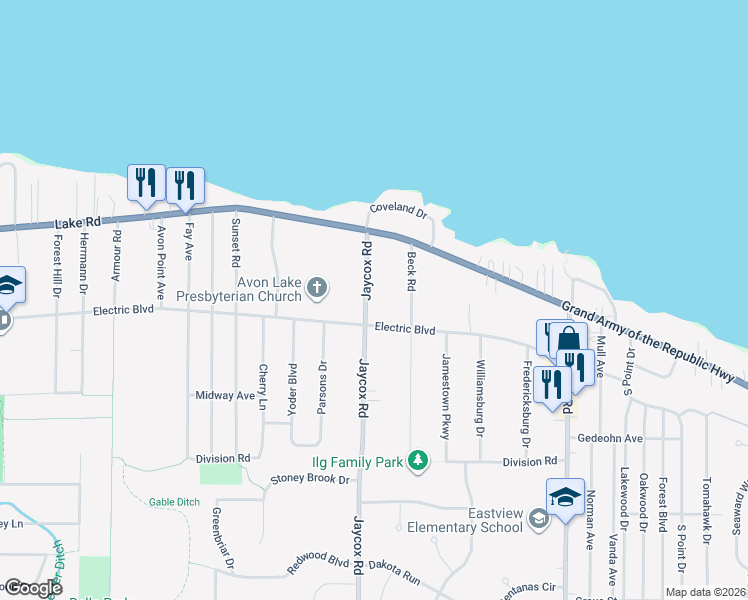 map of restaurants, bars, coffee shops, grocery stores, and more near 141 Jaycox Road in Avon Lake