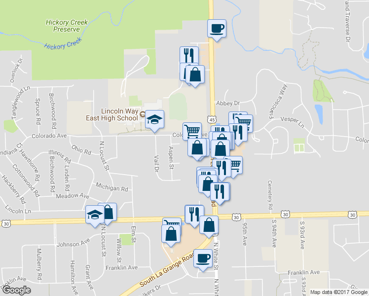 map of restaurants, bars, coffee shops, grocery stores, and more near 120 Boulder Court in Frankfort