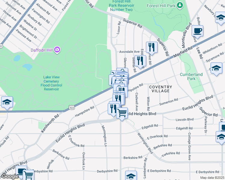 map of restaurants, bars, coffee shops, grocery stores, and more near 2756 Mayfield Road in Cleveland Heights