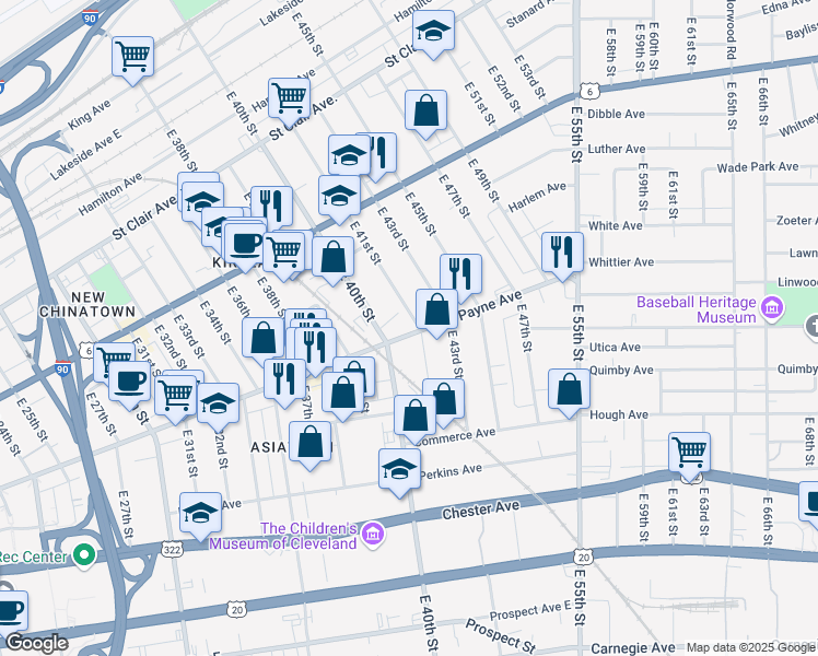 map of restaurants, bars, coffee shops, grocery stores, and more near 4049 Payne Avenue in Cleveland