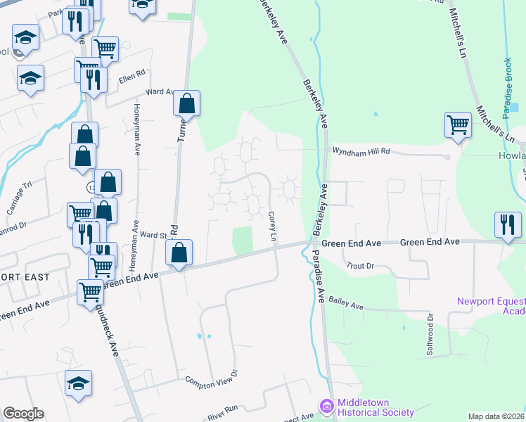 map of restaurants, bars, coffee shops, grocery stores, and more near 311 Corey Lane in Middletown