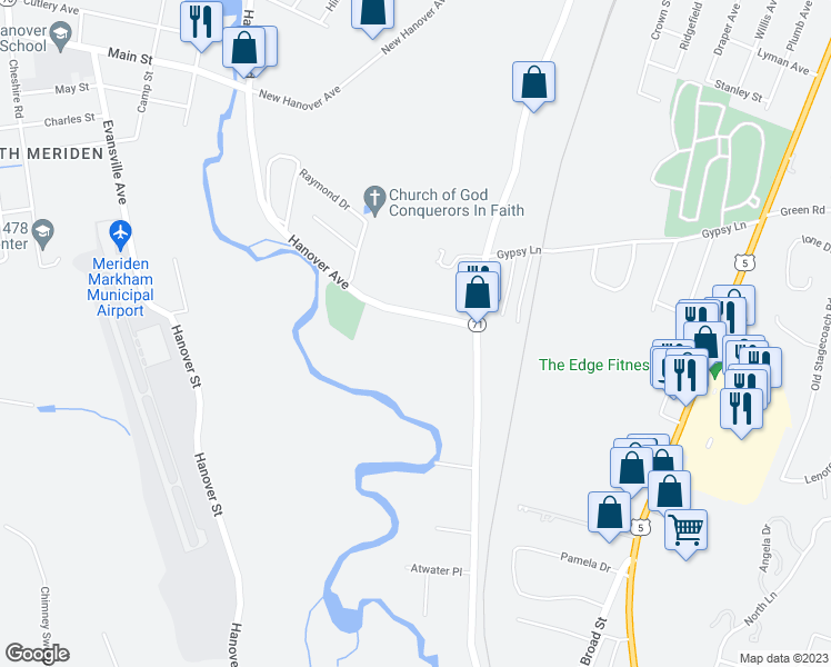 map of restaurants, bars, coffee shops, grocery stores, and more near 1403 Hanover Avenue in Meriden