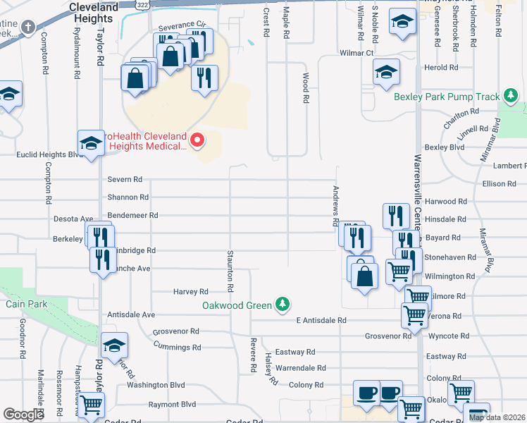 map of restaurants, bars, coffee shops, grocery stores, and more near 3725 Bendemeer Road in Cleveland Heights