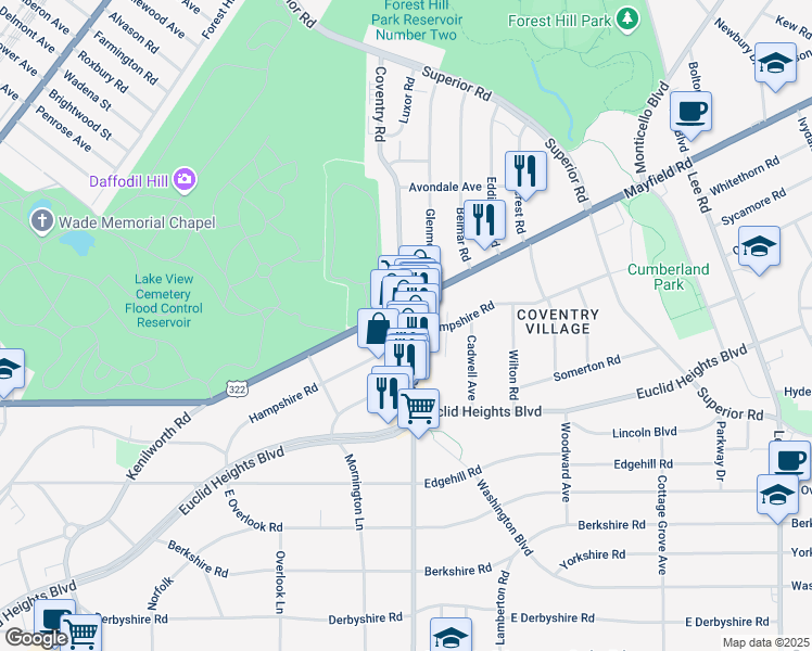 map of restaurants, bars, coffee shops, grocery stores, and more near 1782 Coventry Road in Cleveland Heights