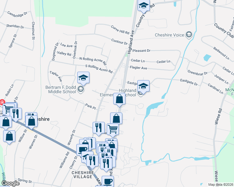 map of restaurants, bars, coffee shops, grocery stores, and more near 21 Mount View Terrace in Cheshire