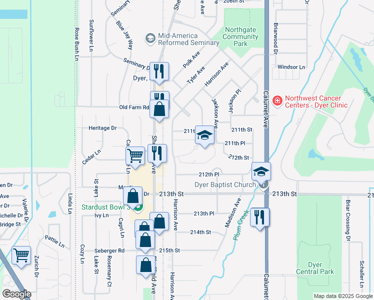 map of restaurants, bars, coffee shops, grocery stores, and more near 1121 Harrison Avenue in Dyer