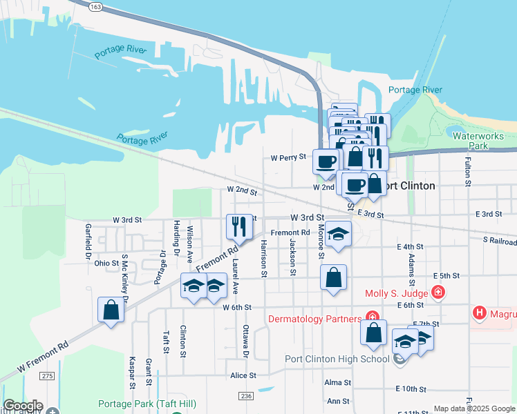 map of restaurants, bars, coffee shops, grocery stores, and more near 222 Harrison Street in Port Clinton
