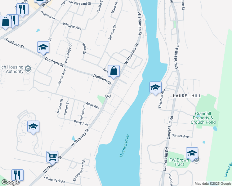 map of restaurants, bars, coffee shops, grocery stores, and more near 244 West Thames Street in Norwich