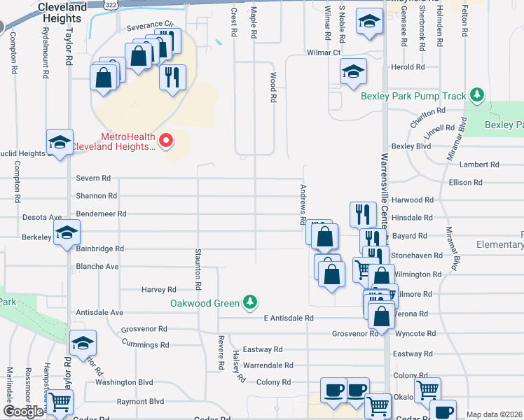 map of restaurants, bars, coffee shops, grocery stores, and more near 3767 Bendemeer Road in Cleveland Heights