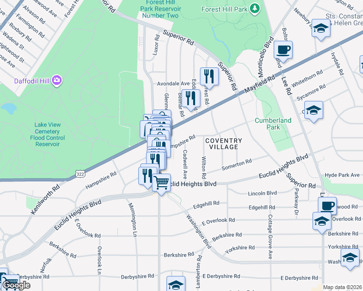 map of restaurants, bars, coffee shops, grocery stores, and more near 1783 Cadwell Avenue in Cleveland Heights