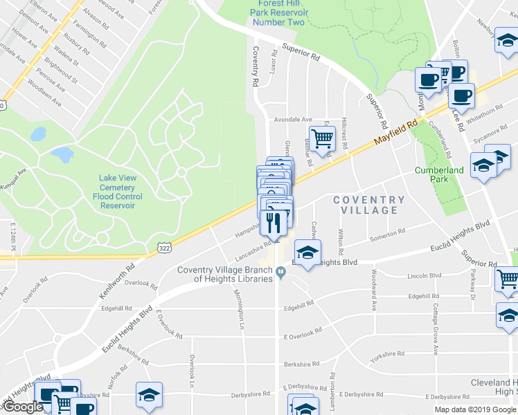 map of restaurants, bars, coffee shops, grocery stores, and more near 1782 Coventry Road in Cleveland Heights