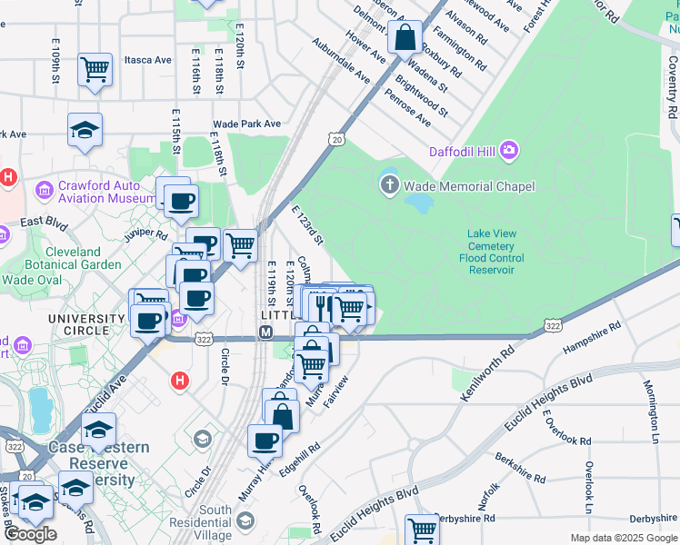 map of restaurants, bars, coffee shops, grocery stores, and more near 1919 East 123rd Street in Cleveland