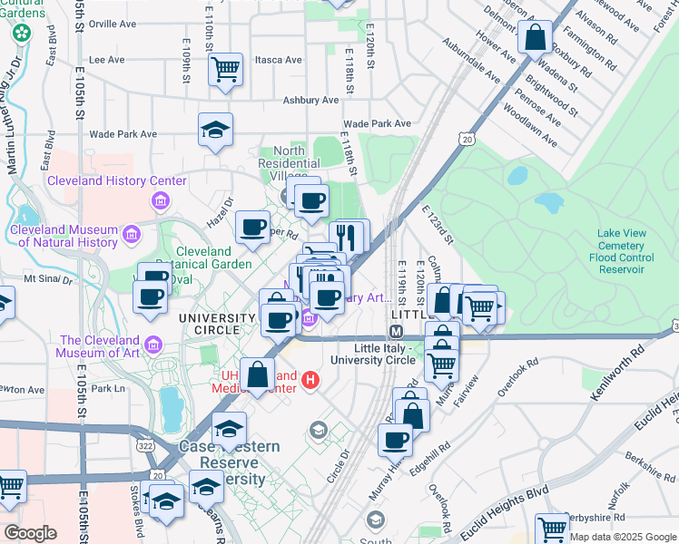 map of restaurants, bars, coffee shops, grocery stores, and more near in Cleveland