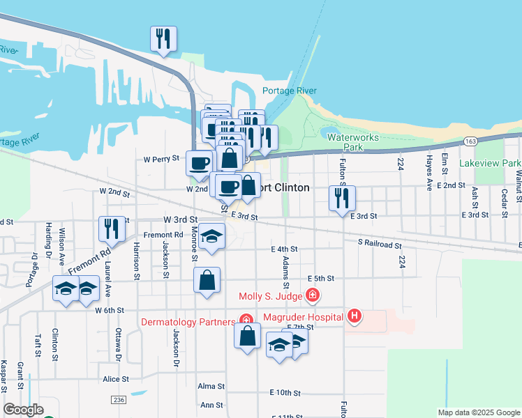 map of restaurants, bars, coffee shops, grocery stores, and more near 240 Jefferson St in Port Clinton