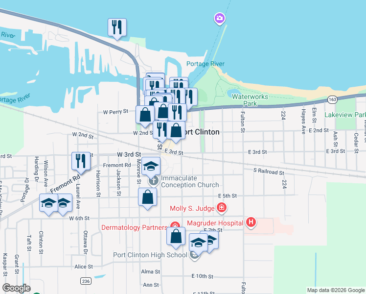 map of restaurants, bars, coffee shops, grocery stores, and more near 240 Jefferson St in Port Clinton