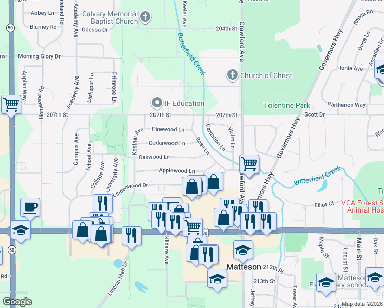 map of restaurants, bars, coffee shops, grocery stores, and more near 4130 Oakwood Lane in Matteson