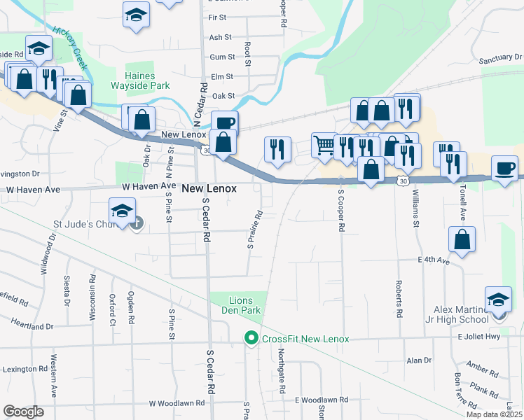 map of restaurants, bars, coffee shops, grocery stores, and more near 205 South Prairie Road in New Lenox