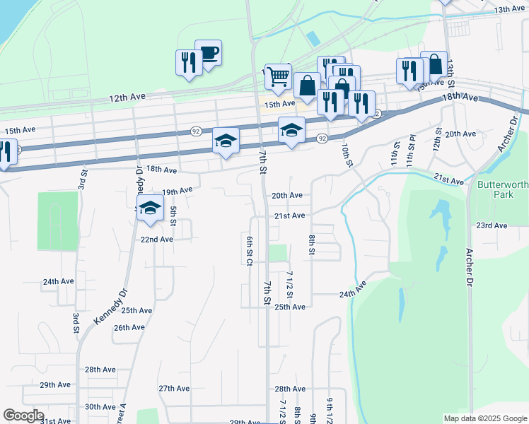 map of restaurants, bars, coffee shops, grocery stores, and more near 705 21st Avenue in East Moline