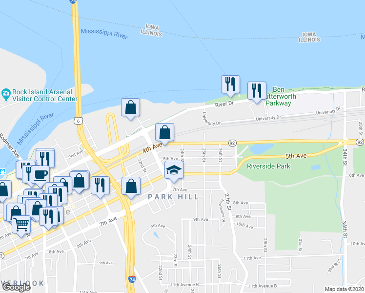 map of restaurants, bars, coffee shops, grocery stores, and more near 2362 4th Avenue in Moline