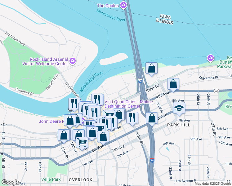 map of restaurants, bars, coffee shops, grocery stores, and more near 1850 1st Street in Moline