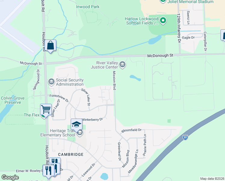 map of restaurants, bars, coffee shops, grocery stores, and more near 590 Spring Leaf Drive in Joliet